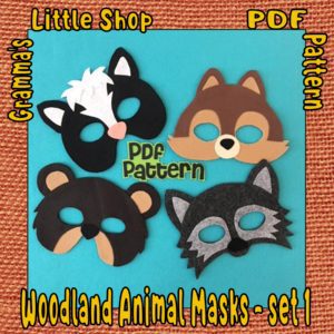 Woodland Animals Set 1 Mask Patterns -- Bear, Wolf, Skunk and Chipmunk