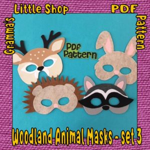Woodland Animals Set 3 Mask Patterns -- Hedgehog, Rabbit, Raccoon, and Deer