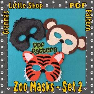 Gorilla, Tiger, Monkey Masks Patterns for Pretend Play, Zoo Animals Set 2, Easy to Make Pattern