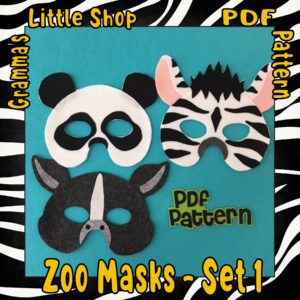 Zebra, Panda, Rhino Masks Patterns for Pretend Play, Zoo Animals Set 1