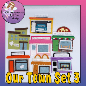Our Town Set 3 DIY Patterns for 7 Felt Buildings for a Felt Story Board, Playmat or Quiet Book
