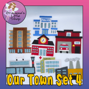 Our Town Set 4 DIY Patterns for 7 Felt Buildings for a Felt Story Board, Playmat or Quiet Book
