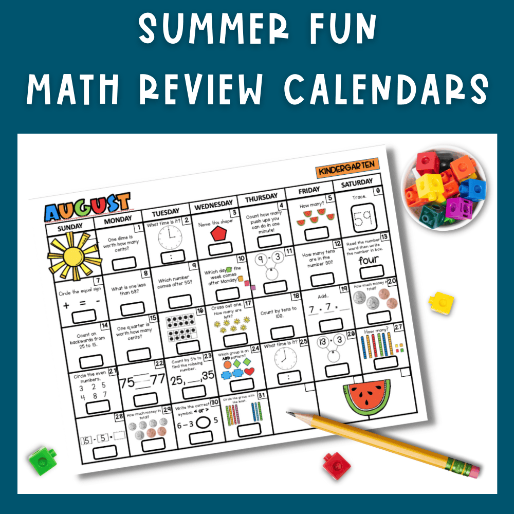 Summer Math Review Calendars Kindergarten First and Second Grade